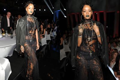 The green lipstick? The oversized crosses? The bizarre tiny topknots? Rihanna looks more alien then A-lister.