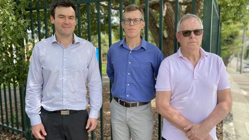 Teachers Federation representative Jack Galvin Waight, concerned parent Steven Cowgill and Fairness in Religion in School spokesperson Craig Macpherson