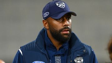 GEELONG, AUSTRALIA - MAY 27: Esava Ratugolea of the Cats stands at the huddle after being subbed off during the round 11 AFL match between Geelong Cats and Greater Western Sydney Giants at GMHBA Stadium, on May 27, 2023, in Geelong, Australia. (Photo by Morgan Hancock/AFL Photos/via Getty Images)