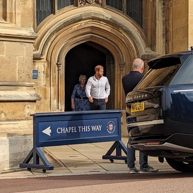 Prince Harry leaving St George's Chapel in Windsor after paying respects to Queen Elizabeth II on her first death anniversary