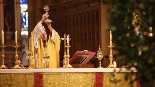 Sydney Catholic Arcbishop Anthony Fisher addresses the congregation during Easter Sunday Solemn Mass at St Mary's Cathedral, Sydney. April 4, 2021: Photograph by James Alcock/NINE Media.