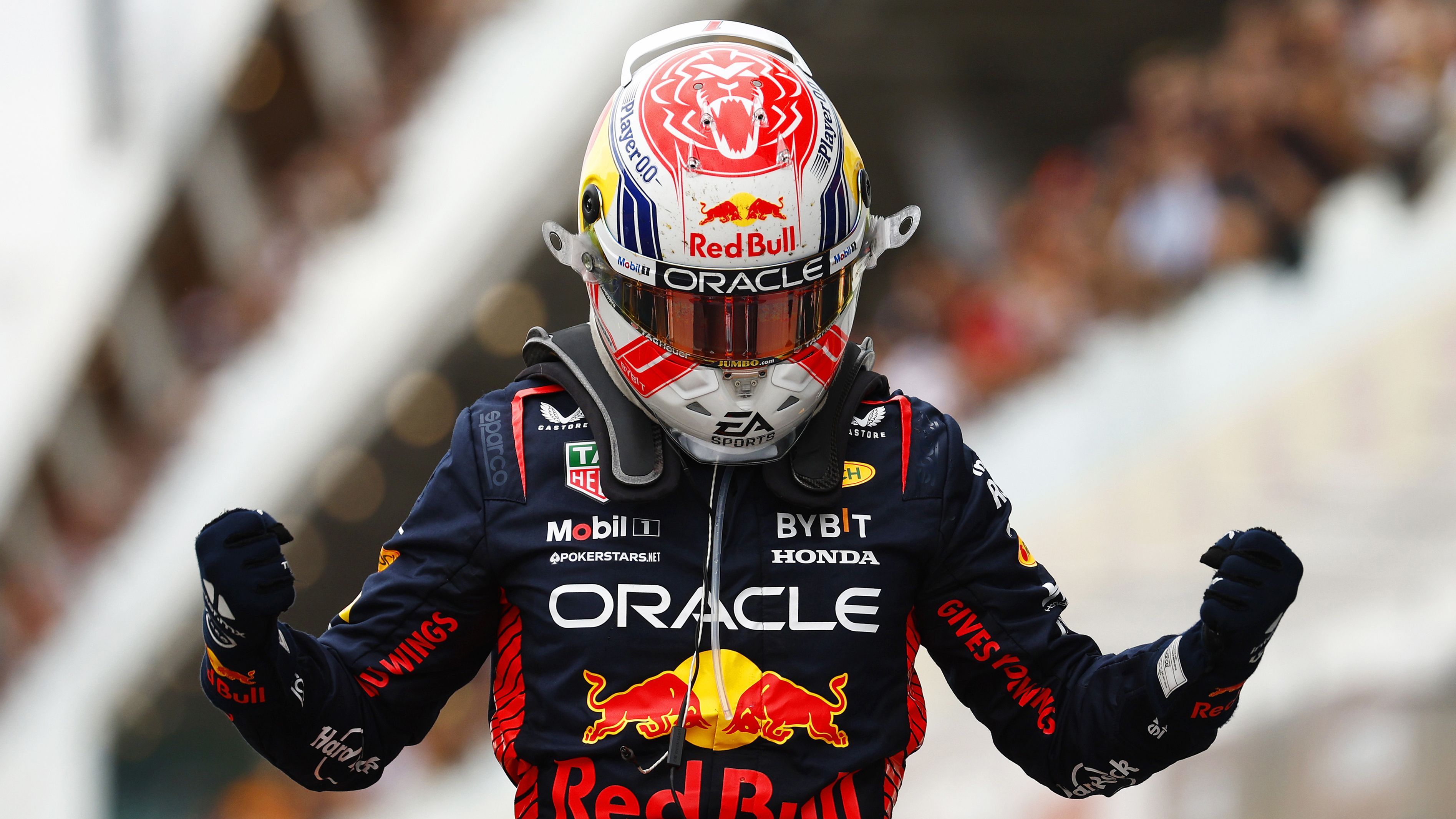Max Verstappen of the Netherlands and Oracle Red Bull Racing celebrates in parc ferme.