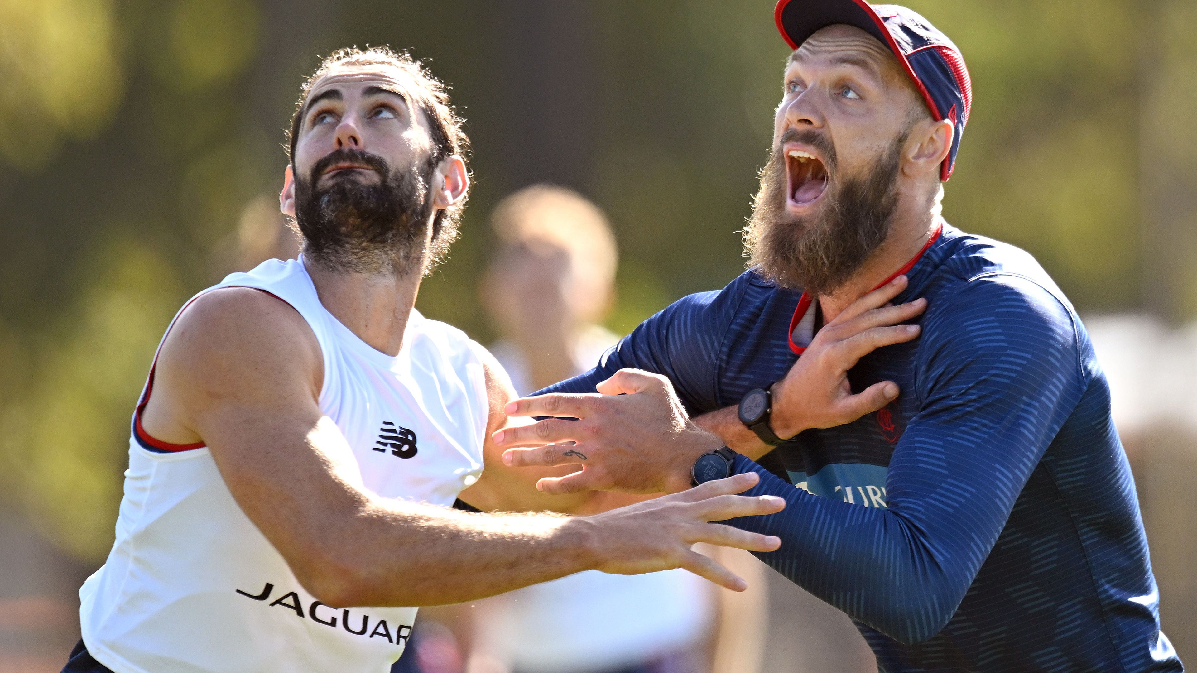 MELBOURNE, AUSTRALIA - MARCH 17: Brodie Grundy and Max Gawn of the Demons compete in the ruck during a Melbourne Demons AFL training session at Gosch&#x27;s Paddock on March 17, 2023 in Melbourne, Australia. (Photo by Morgan Hancock/Getty Images)