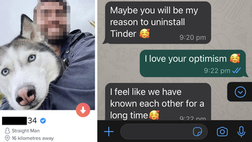 The scammer who targeted Sarah used a Tinder profile image (left) taken of an unwitting victim. Screenshots (right) show a conversation between the pair.
