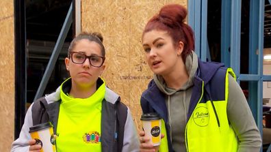 Sarah and Tam watch as one team's game-changer is delivered to their kitchen on The Block 2020