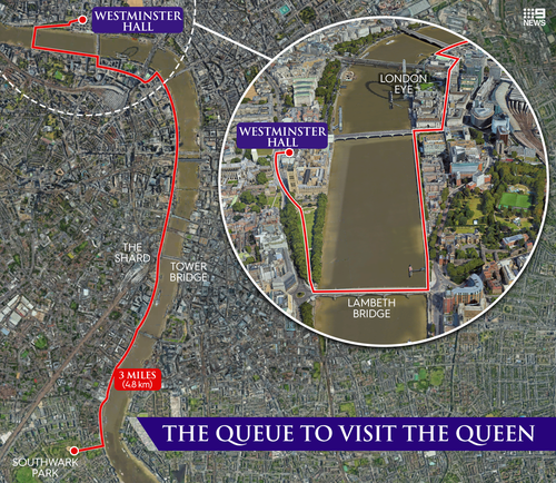 The queue to see the Queen's coffin will stretch for miles across London.