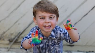 Prince Louis paints a rainbow with watercolors April 2020. ***This photograph must not be used after 31st December 2020 without prior permission from Kensington Palace