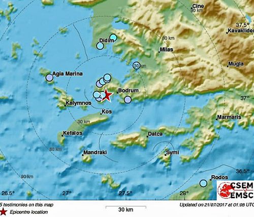 The impact area in the Aegean Sea. (Image: EMSC).