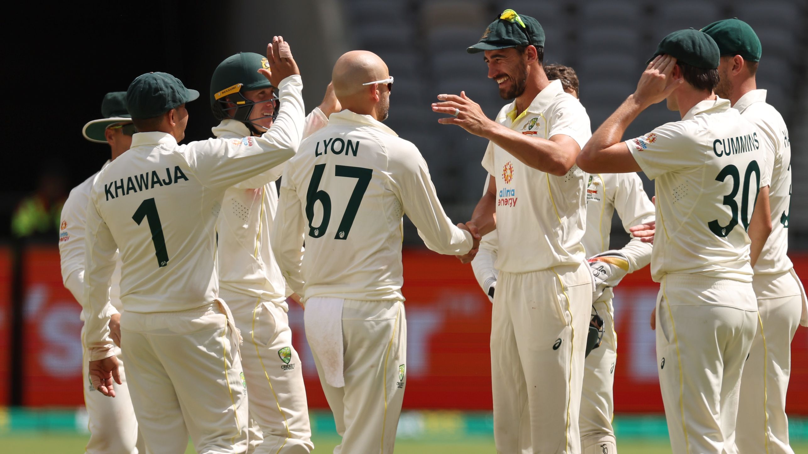 Nathan Lyon of Australia celebrates after taking the wicket of Roston Chase of the West Indies. (Photo by Cameron Spencer/Getty Images)