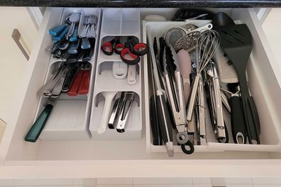 Cutlery and utensil drawer organised with Kmart slimline cutlery holder