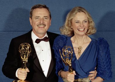 Emmy Winners and real-life husband and wife William Daniels and Bonnie Bartlett celebrate their Emmy Awards backstage at the Emmy Awards Show, September 21, 1986 in Pasadena, California. 