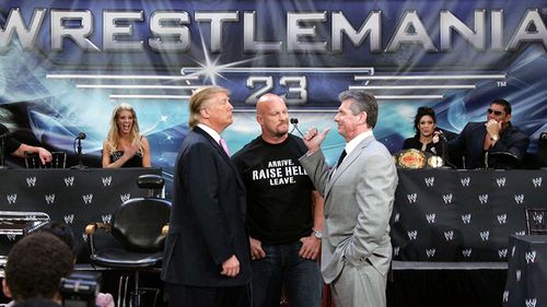 Donald Trump, wrestler Stone Cold Steve Austin and WWE Chairman Vince McMahon attend the press conference held by Battle of the Billionaires to announce the details of Wrestlemania 23 at Trump Tower on March 28, 2007 in New York City