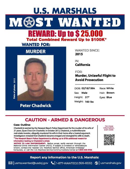 Peter Chadwick's Most Wanted poster issued after he disappeared while on bail charged with the murder of his wife Quee Choo