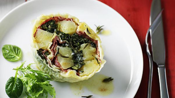 Rotolo of potato, salami and cavolo nero