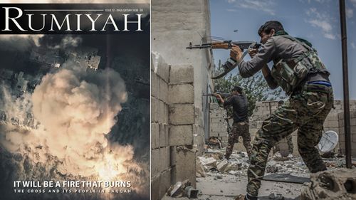 Rumiyah, Issue 12 (pictured left); Fighters of the People's Protection Units (YPG), a mainly-Kurdish militia in Syria, fires their guns towards Islamic State in Al Sinaa neighborhood, eastern Raqqa. (AFP)