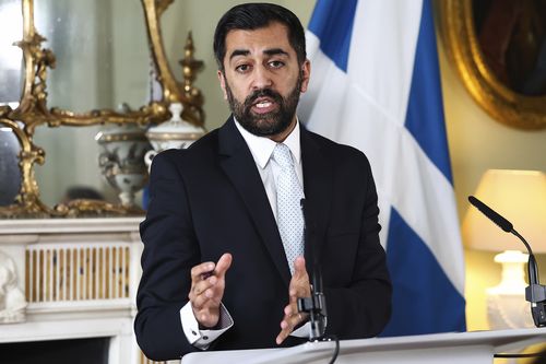 Scotland's First Minister Humza Yousaf speaks during a press conference at Bute House, Edinburgh, April 25, 2024.  
