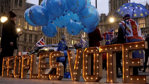 Pro EU protesters demonstrate outside the British Houses of Parliament calling for a People's Vote in London.