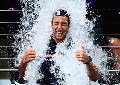 Daniel Ricciardo does the Ice Bucket Challenge during previews ahead of the Belgian Grand Prix at Circuit de Spa-Francorchamps on August 21, 2014 in Spa, Belgium.