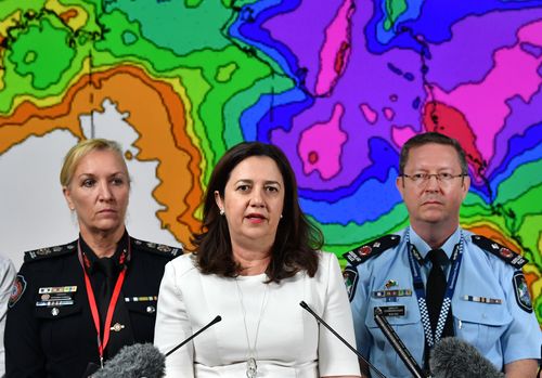 Queensland Fire and Emergency Services Commissioner Katarina Carroll, Queensland Premier Annastacia Palaszczuk and Police Deputy Commissioner Bob Gee during a press conference.