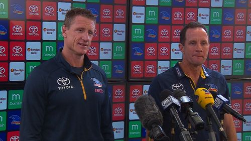 Coach Don Pyke and player manager Brett Burton were forced to defence the club's programs in a press conference today. Picture: 9NEWS