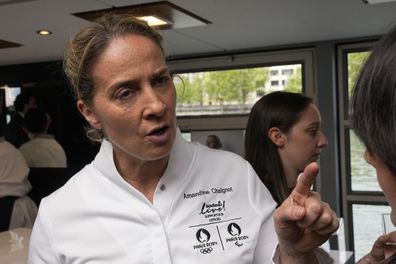 French chef Amandine Chaignot, of the restaurant "Pouliche", who will prepare food for athletes during the Olympic Games, answers questions Tuesday, April 30, 2024 in Paris 