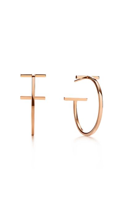 For nights out, these luxe earrings from the 'Tiffany T' collection will look great piled on with other, smaller rose gold hoops.