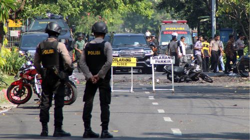 A police presence was increased across Surabaya in the hours after the explosions as the death toll continued to rise. Picture: AAP.