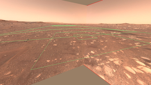 This image shows the flight zone of the Ingenuity helicopter from the perspective of the rover.