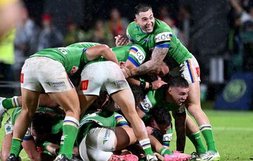 Jordan Rapana of the Raiders celebrates victory with his team mates after kicking the winning field goal in golden point extra time during the round 13 NRL match between Dolphins and Canberra Raiders at Suncorp Stadium, on June 01, 2024, in Brisbane, Australia. (Photo by Bradley Kanaris/Getty Images)
