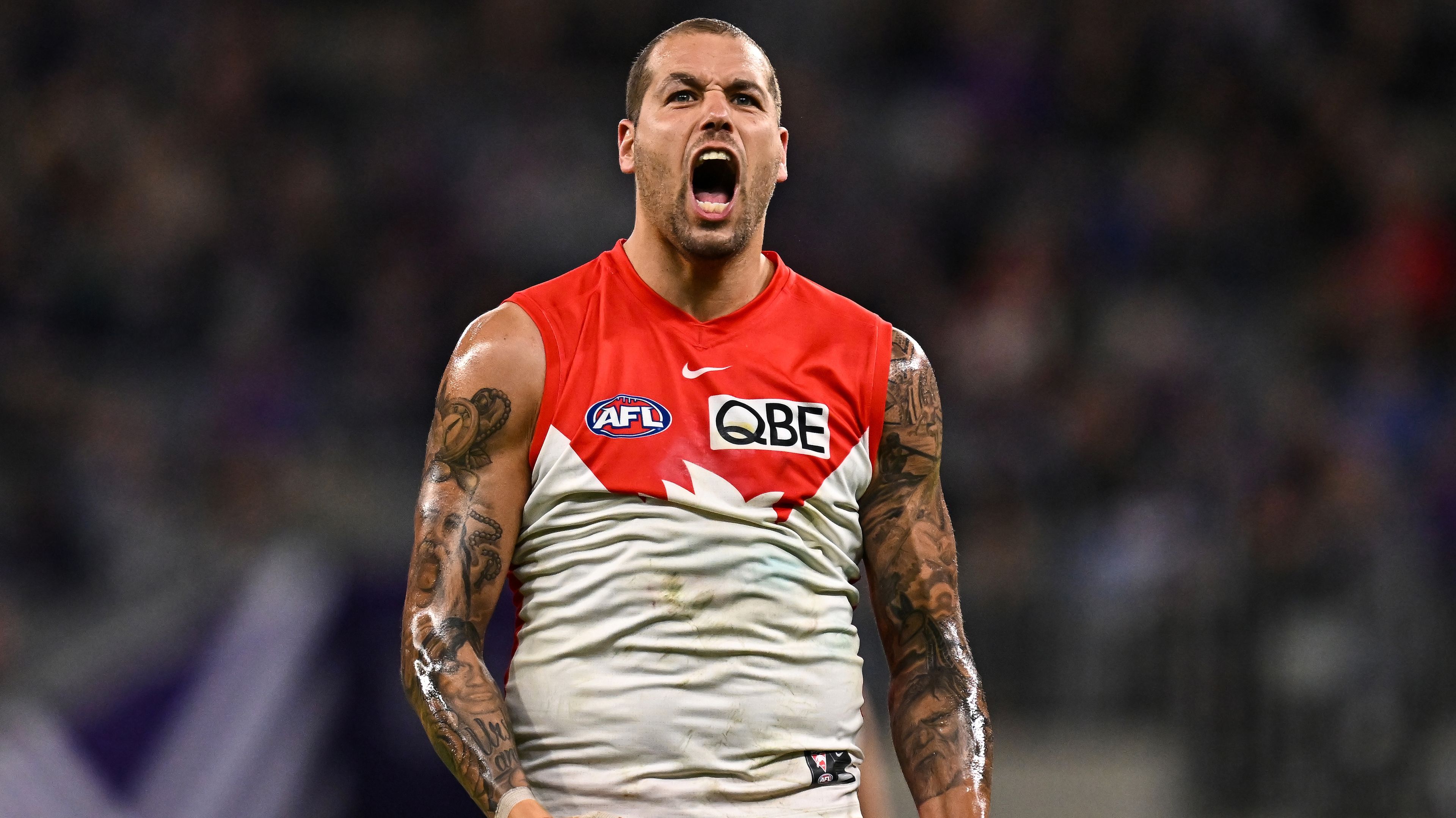 PERTH, AUSTRALIA - JULY 22: Lance Franklin of the Swans celebrates a goal during the 2023 AFL Round 19 match between the Fremantle Dockers and the Sydney Swans at Optus Stadium on July 22, 2023 in Perth, Australia. (Photo by Daniel Carson/AFL Photos via Getty Images)