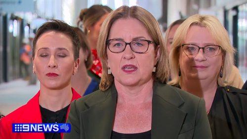 Victorian Premier Jacinta Allan speaking at Parkville Station today.