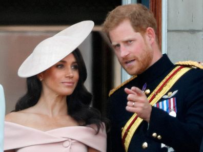 Meghan, Duchess of Sussex, Prince Harry, Duke of Sussex and Isla Phillips stand on the balcony of Buckingham Palace during Trooping The Colour 2018 