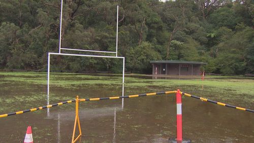 Image of a flooded sports field in Cammeray, Sydney.