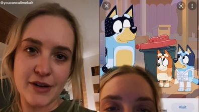 Left: Mum looking into camera, Right: green screen background of Bluey episode with bins