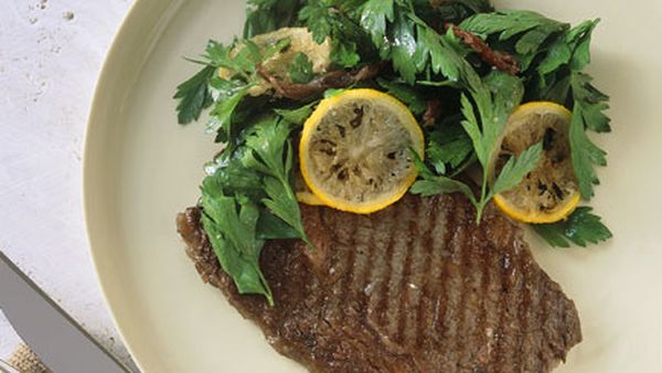 Char-grilled wagyu with parsley and fried lemon salad