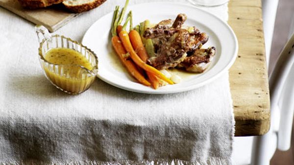 Pot-roasted squab with Dutch carrots and green onions