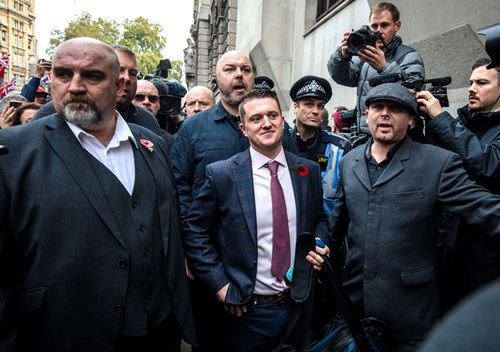 Far-right figurehead Tommy Robinson, real name Stephen Yaxley-Lennon arrives at the Old Bailey on October 23, 2018 in London, England. 