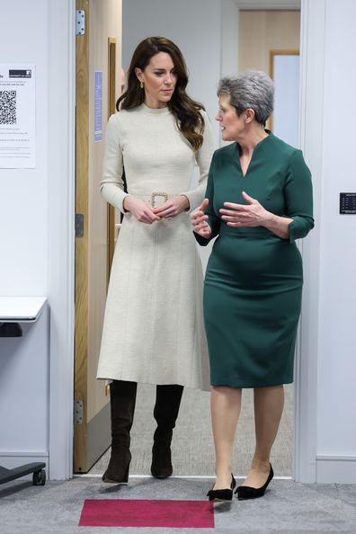 Catherine, Princess of Wales speaks with faculty during a visit to the University of Leeds to join students on the Childhood Studies programme on January 31, 2023 in Leeds, England 