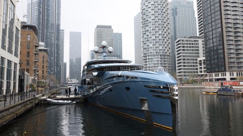 The Superyacht Phi, which was seized by UK government, at Canary Wharf on March 29, 2022 in London, England. Transport Minister, Grant Shapps, has detained the superyacht Phi, worth £38 million, as part of UK government sanctions against Russians with links to President Putin since Russia invaded Ukraine.