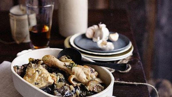 Chicken braised in beer with mushrooms