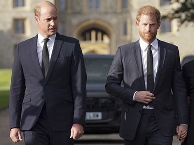 Prince William, Prince of Wales, left and Prince Harry walk to meet members of the public at Windsor Castle, following the death of Queen Elizabeth II on Thursday, in Windsor, England, Saturday, Sept. 10, 2022.