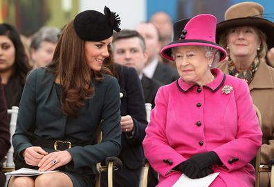 Kate Middleton and Queen Elizabeth II on March 8, 2012 in Leicester, England.