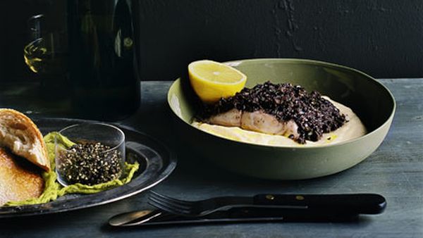 Tapanata-crusted trevalla with white polenta