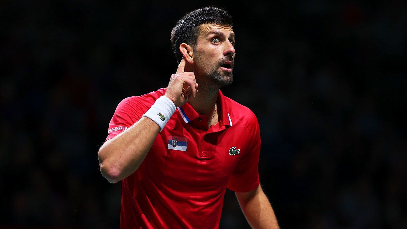 Novak Djokovic taunts the British fans during Serbia&#x27;s Davis Cup tie against Great Britain