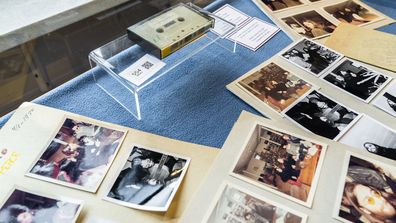 A view of photos and a cassette with the recording of four Danish schoolboys&#x27; interviews with John Lennon and Yoko Ono during the famous couple&#x27;s winter stay in Thy, in Jutland, Denmark.