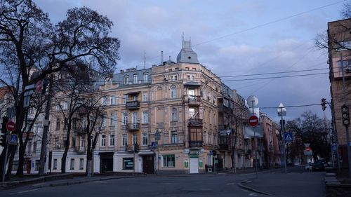An empty city street in Kyiv, Ukraine as the government announced a curfew on February 27, 2022.