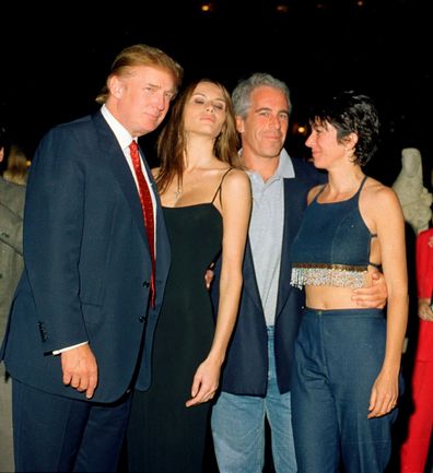 Donald Trump and his girlfriend (and future wife), former model Melania Knauss, financier Jeffrey Epstein, and British socialite Ghislaine Maxwell pose together at the Mar-a-Lago club, Palm Beach, Florida, February 12, 2000.