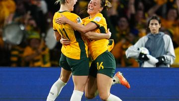 Hayley Raso celebrates her goals and the Matildas&#x27; second of their 2-0 victory over Denmark.