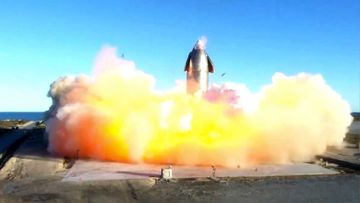 In this image taken from video posted by SpaceX, the company&#x27;s Starship becomes engulfed in flames and ruptures upon touching down after a test flight.