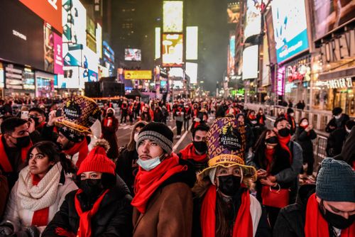 Revellers wait for the start of festivities during a New Year's Eve celebration in the Times Square area of New York.